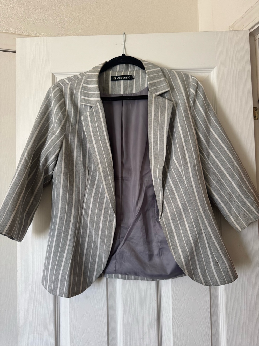 Allegra K Gray and White Pinstripe Blazer